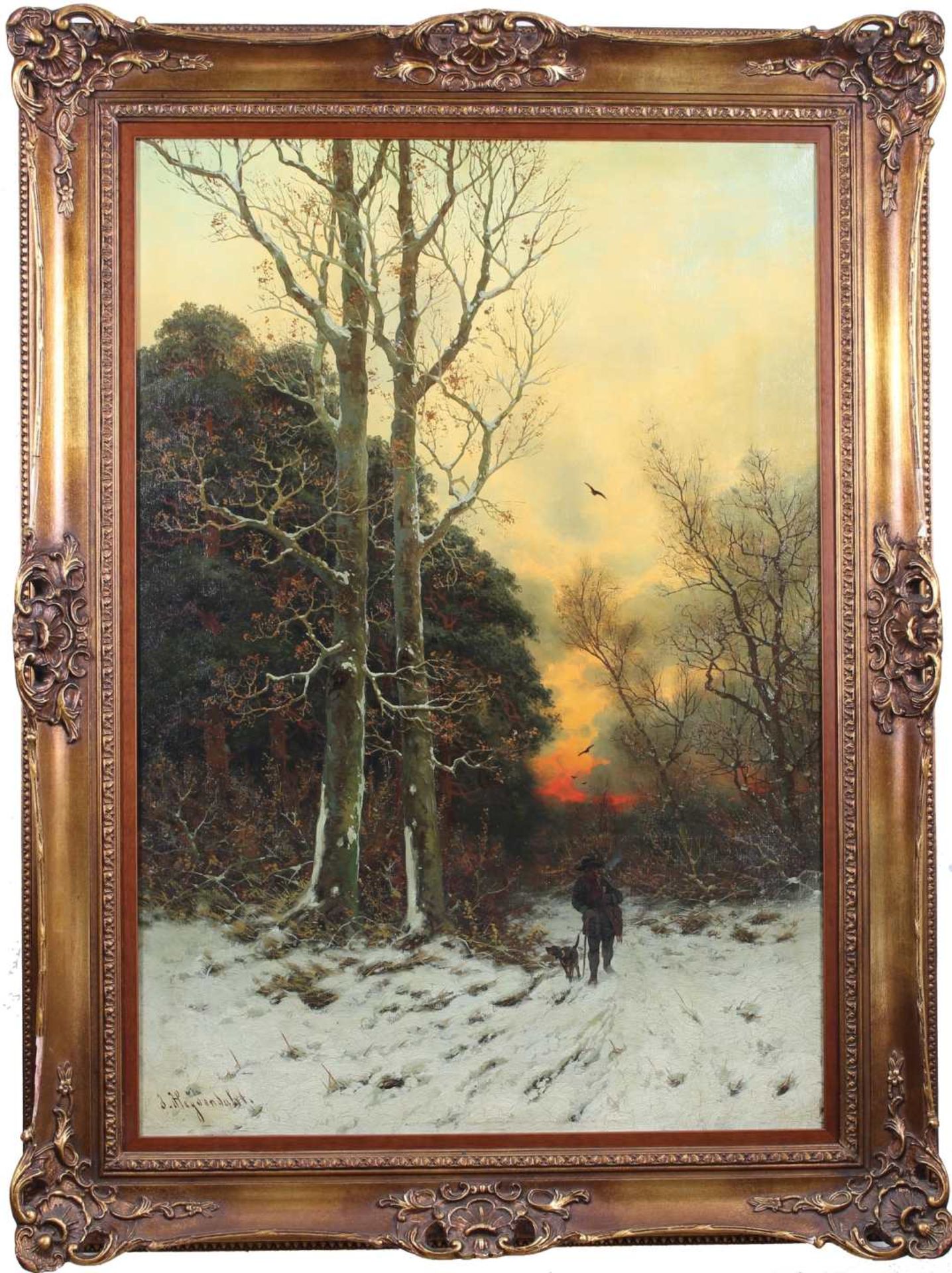 Joseph F. Heydendahl (1844-1906) Jäger im Abendrot in Winterlandschaft, hunter winterlandscape, - Image 2 of 4