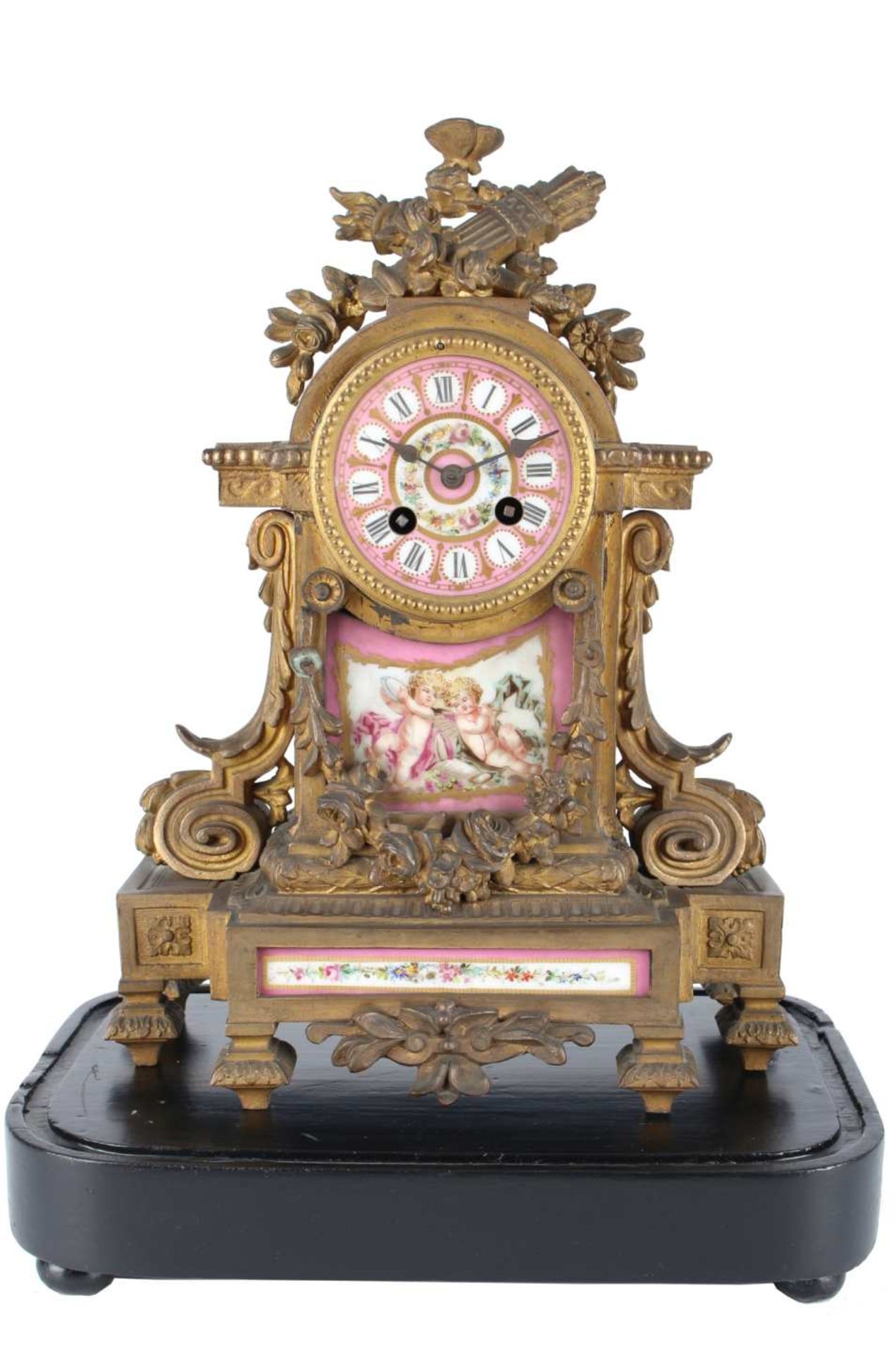 Französische Kaminuhr mit Porzellaneinlagen, 19. Jahrhundert, french mantel clock 19th century,