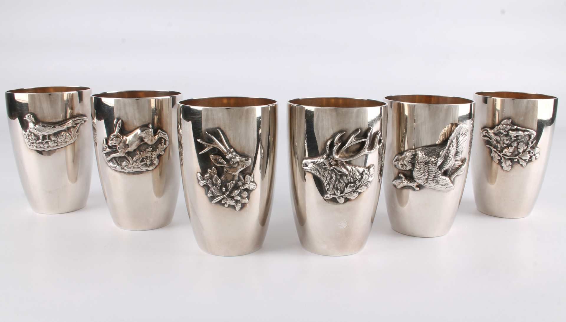 925 Silber - 6 Jagdbecher mit Tiermotiven, sterling silver hunting cups,