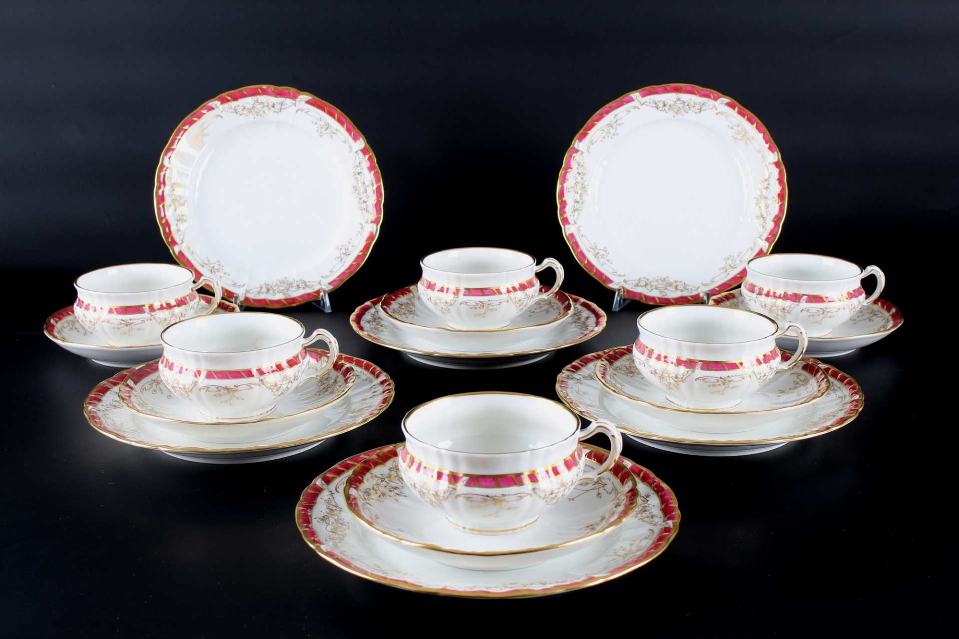 KPM Berlin Königin von Holland Purpur 6 Teegedecke, tea cup set,