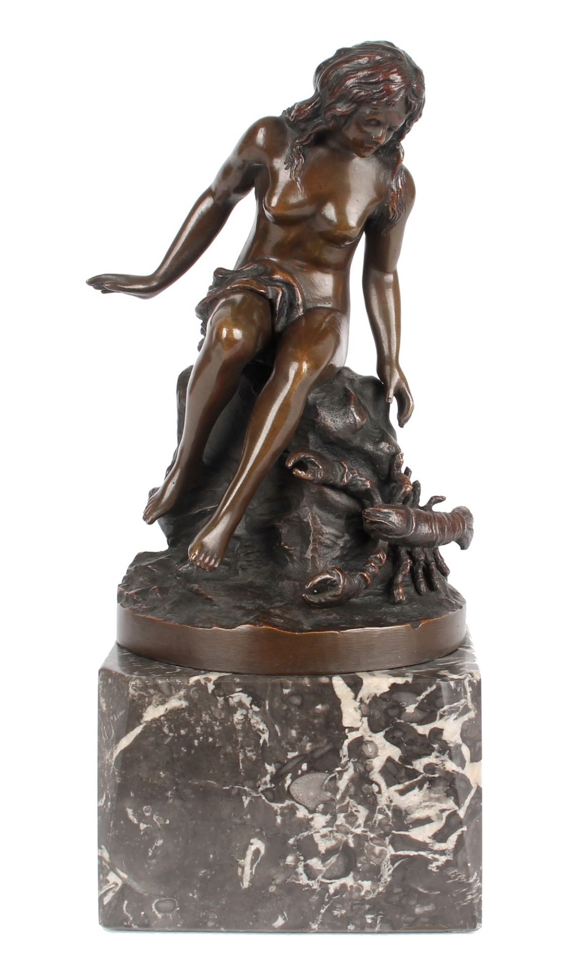 Bronze Figur - Frau mit Hummer, bronze nude sculpture,