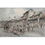 Asien - Seidenmalerei belebte Marktszene, silk painting busy market scene,