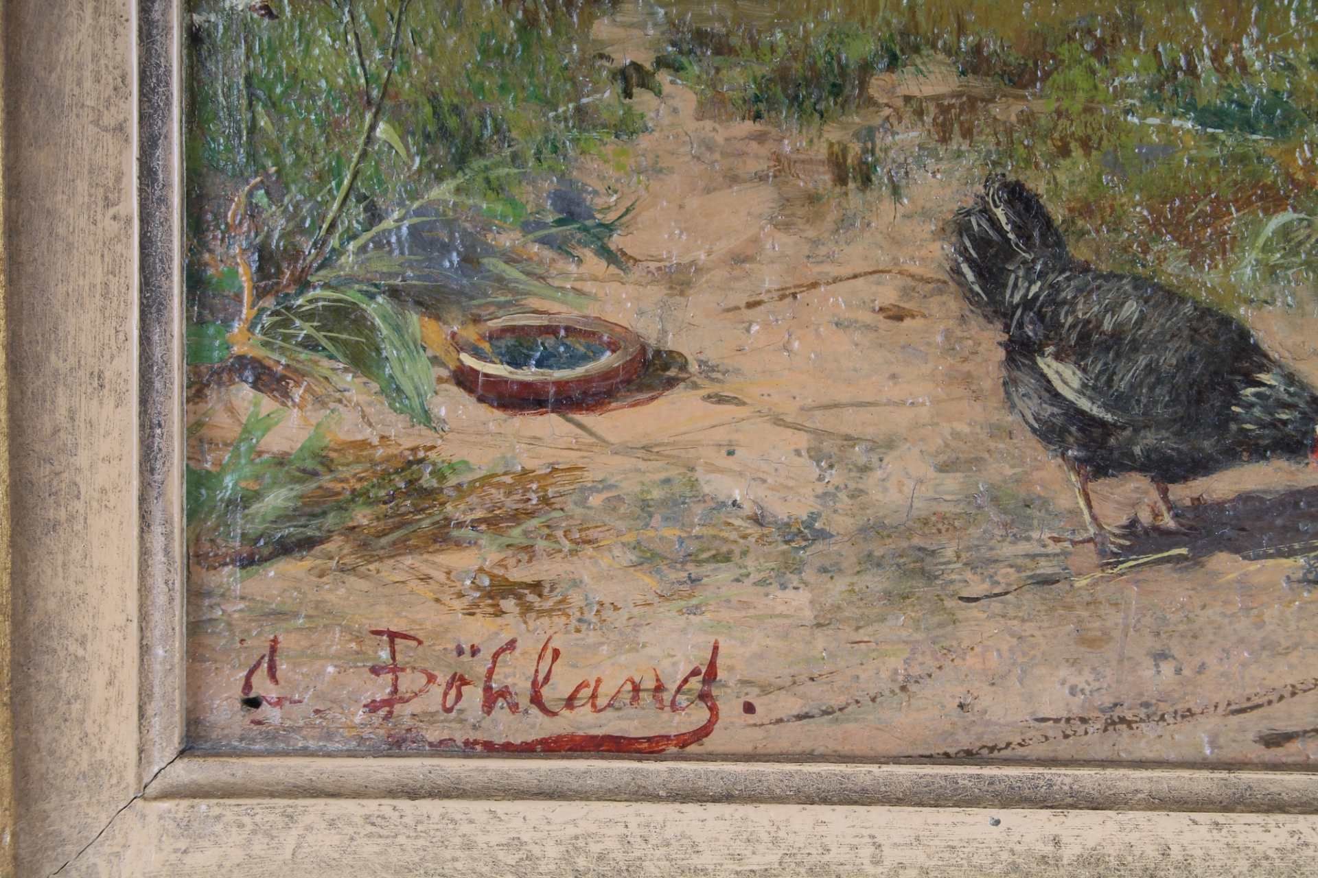G. Böhland - Federvieh, rooster with chickens, duck and peacock at the farmhouse - signed, - Bild 3 aus 4