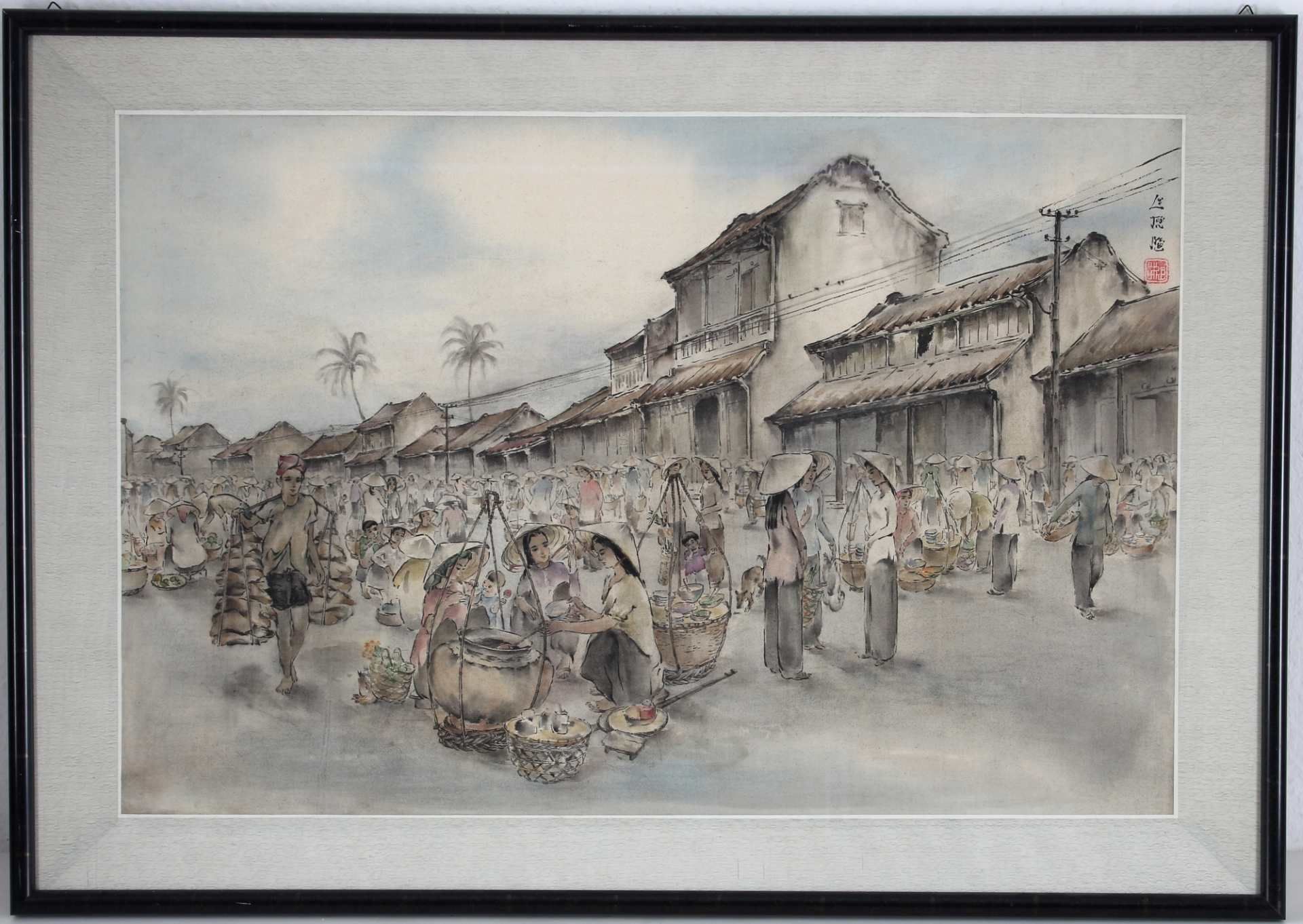 Asien - Seidenmalerei belebte Marktszene, silk painting busy market scene, - Image 2 of 3