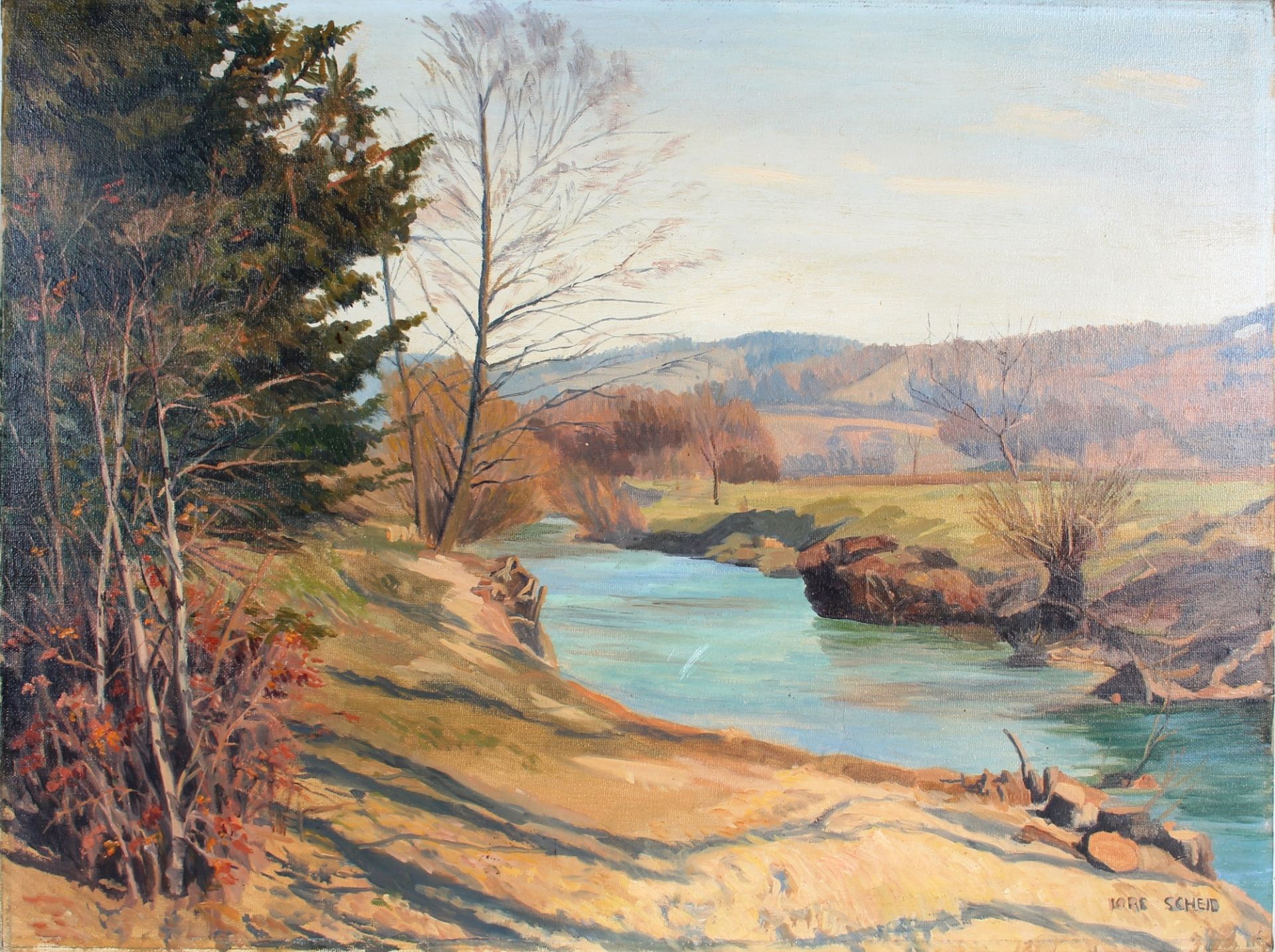 Lore Scheid (1889-1946) Hügellandschaft mit Flusslauf, hilly landscape with river course,