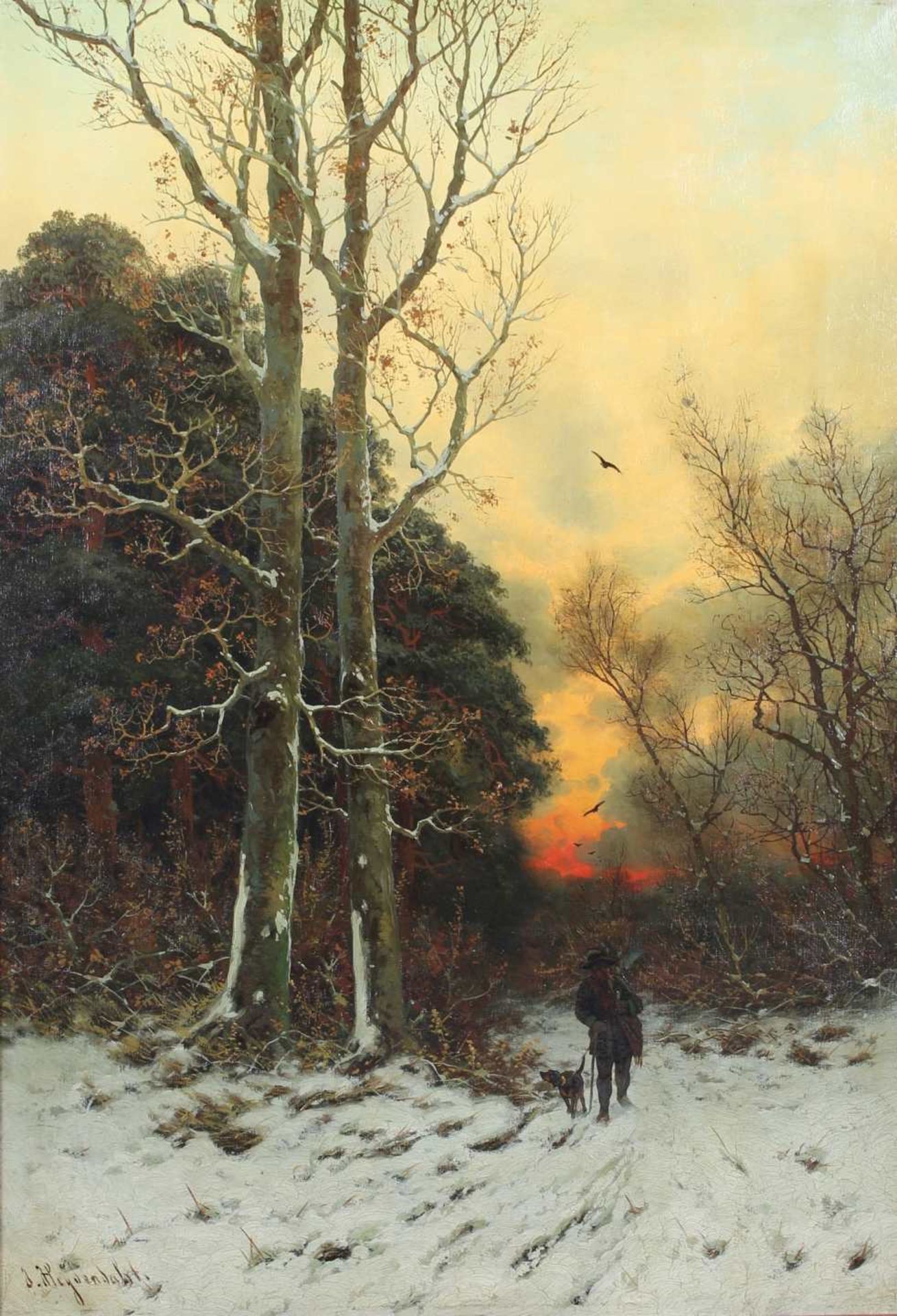 Joseph F. Heydendahl (1844-1906) Jäger im Abendrot in Winterlandschaft, hunter winterlandscape,