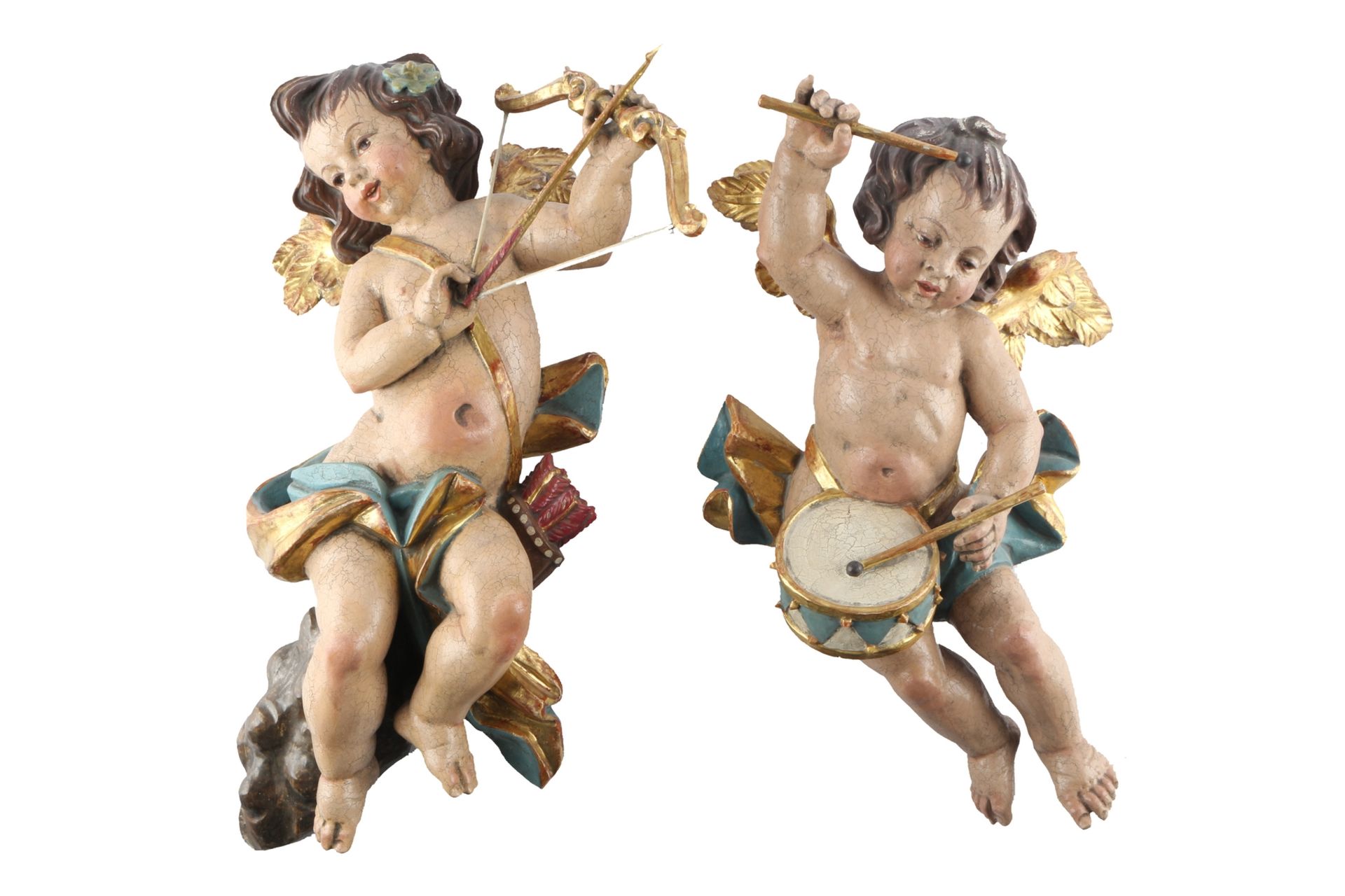 2 große Holz - Putten, Amor und Trommler, 2 large wooden putti, amor and drummer,