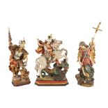 3 Holz Heiligenfiguren Hl. Florian, Erzengel Michael und Hl. Georg, 3 wooden saint figures,