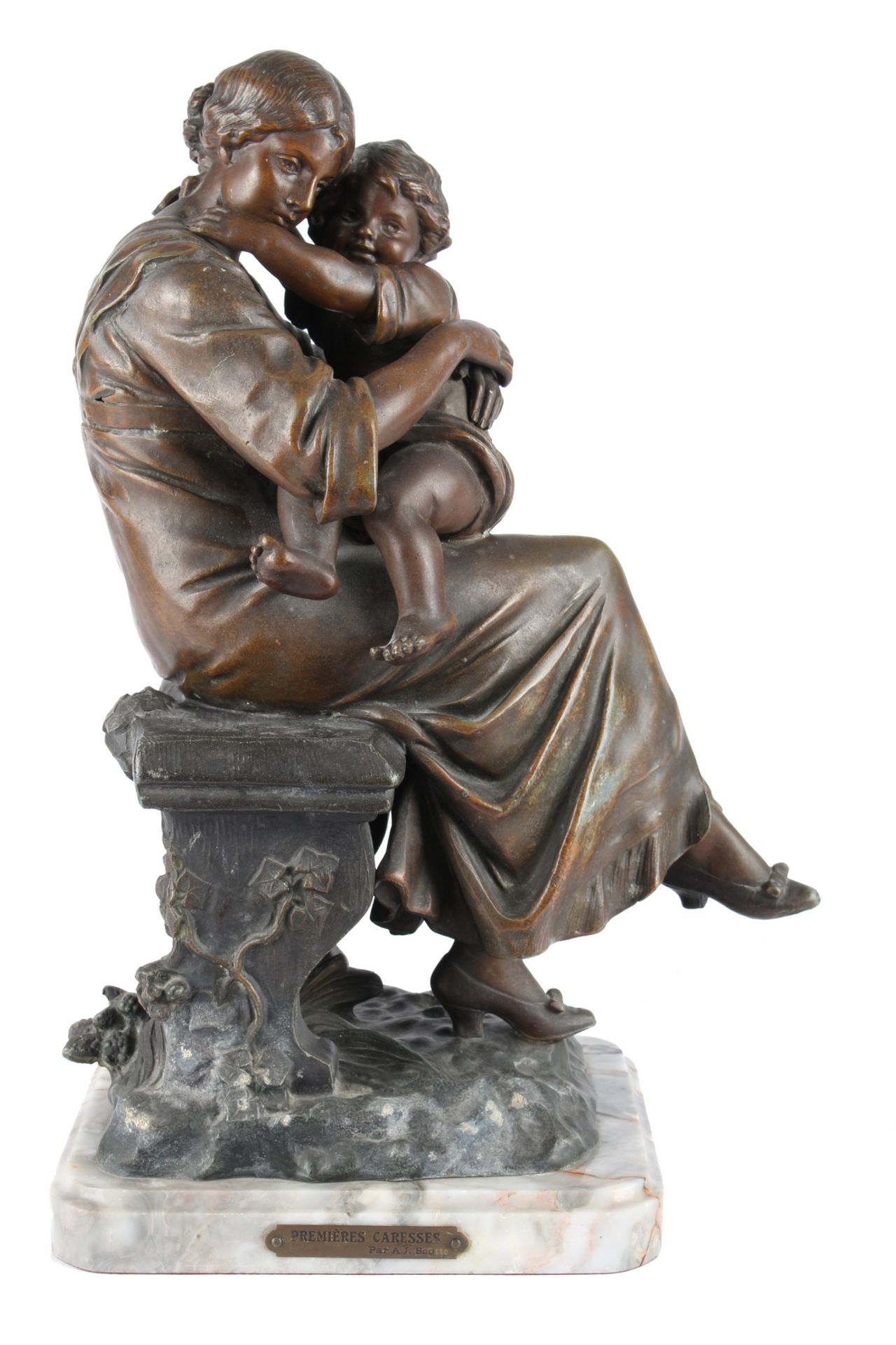 A.J. Scotte (1885-1905) Figur Premiere Caresses - Mutter mit Sohn, bronze sculpture,