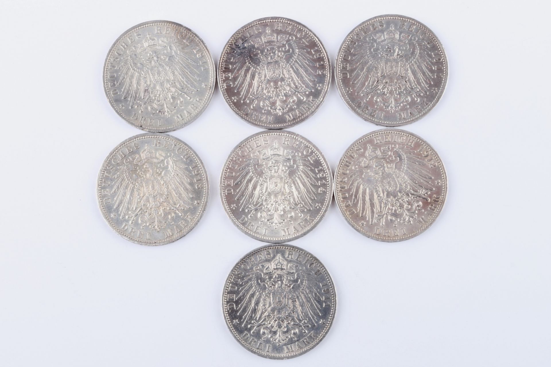 3 Mark - 7 Silbermünzen 1911-1914 Kaiserreich, silver coins, - Bild 2 aus 2