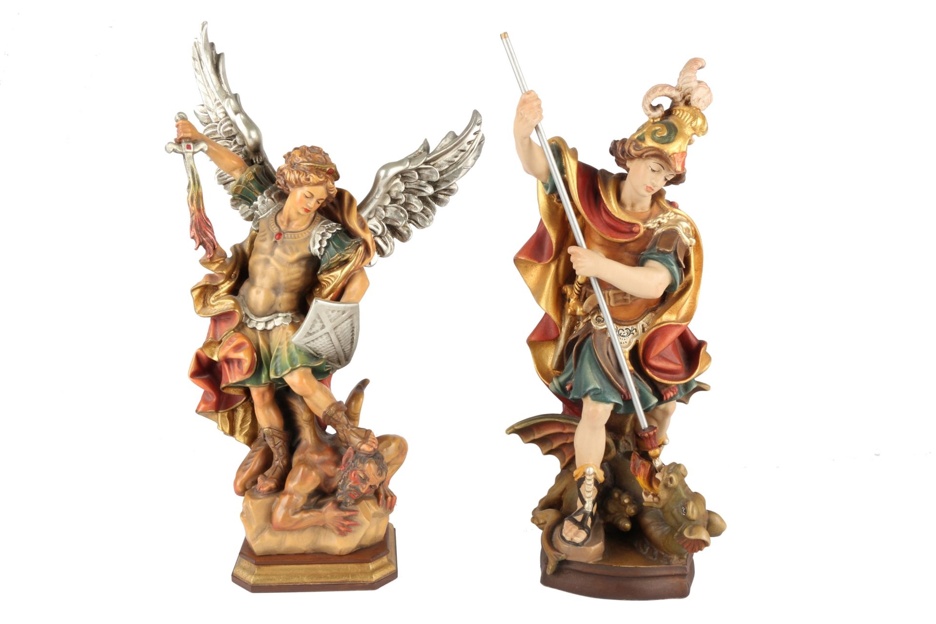 2 Holz Heiligenfiguren Erzengel Michael und Hl. Georg, 2 wooden saint figures,