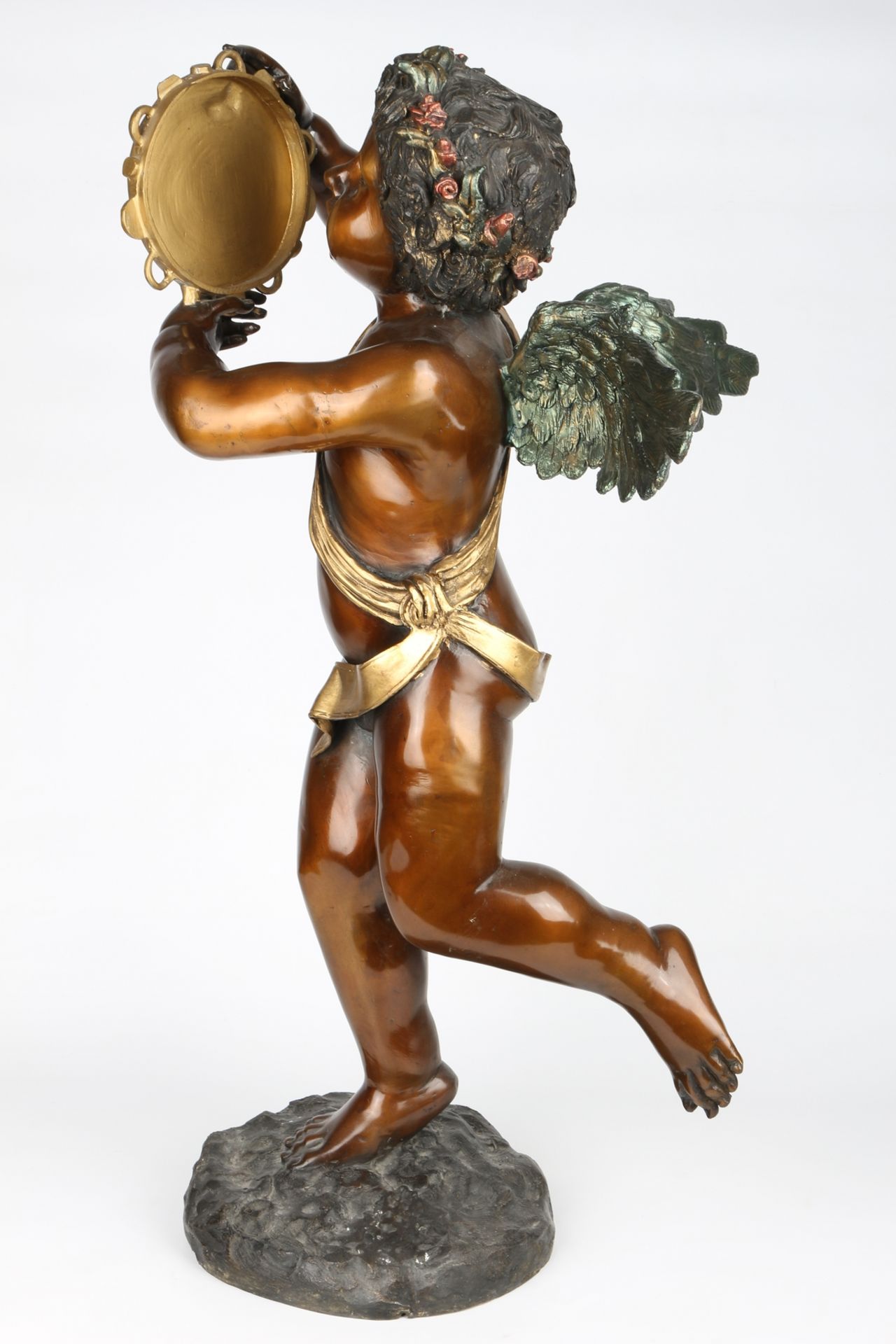 XXL Bronze - geflügelter Putto mit Tamburin, bronze putti sculpture, - Image 2 of 4