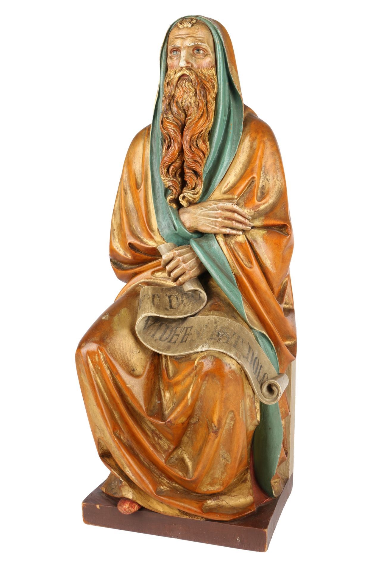 Große Heiligenfigur mit Schriftrolle, wooden saint figure,