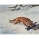 Unbekannter Maler, Fuchs mit Beute, signiert, unknown painter, fox with prey, signed,