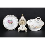 KPM Berlin Porzellan und Dresden Tischuhr, cutwork basket and plate / porcelain table clock,