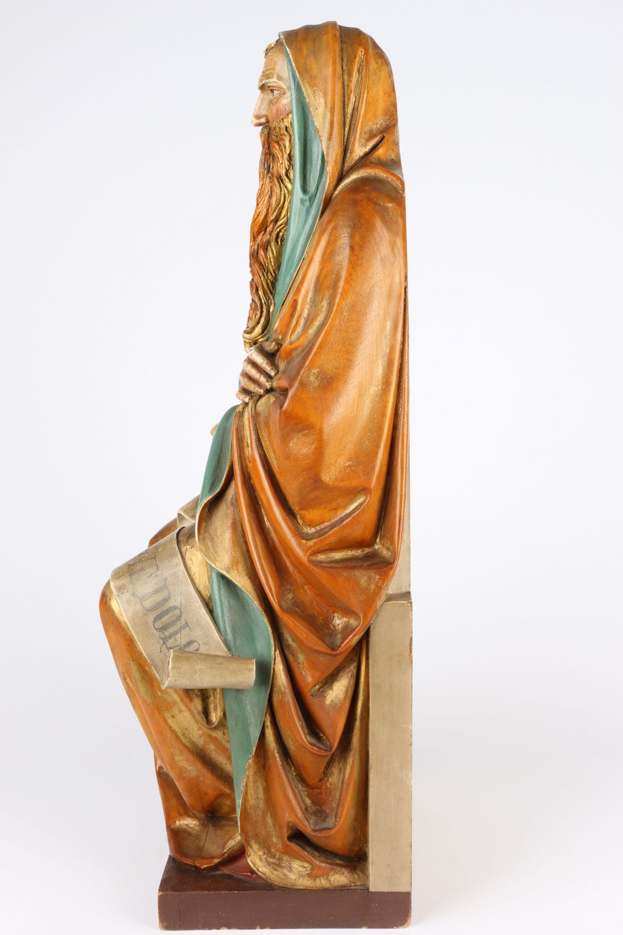 Große Heiligenfigur mit Schriftrolle, wooden saint figure, - Image 3 of 5
