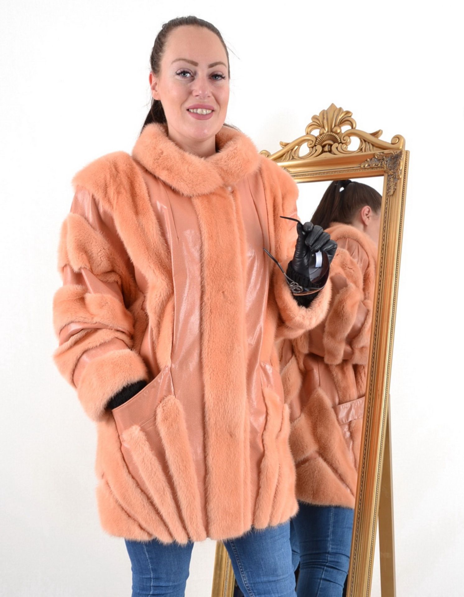 Nerzjacke rosa mit Leder Gr. 46/48, mink jacket pink with leather size 46/48, - Image 3 of 9