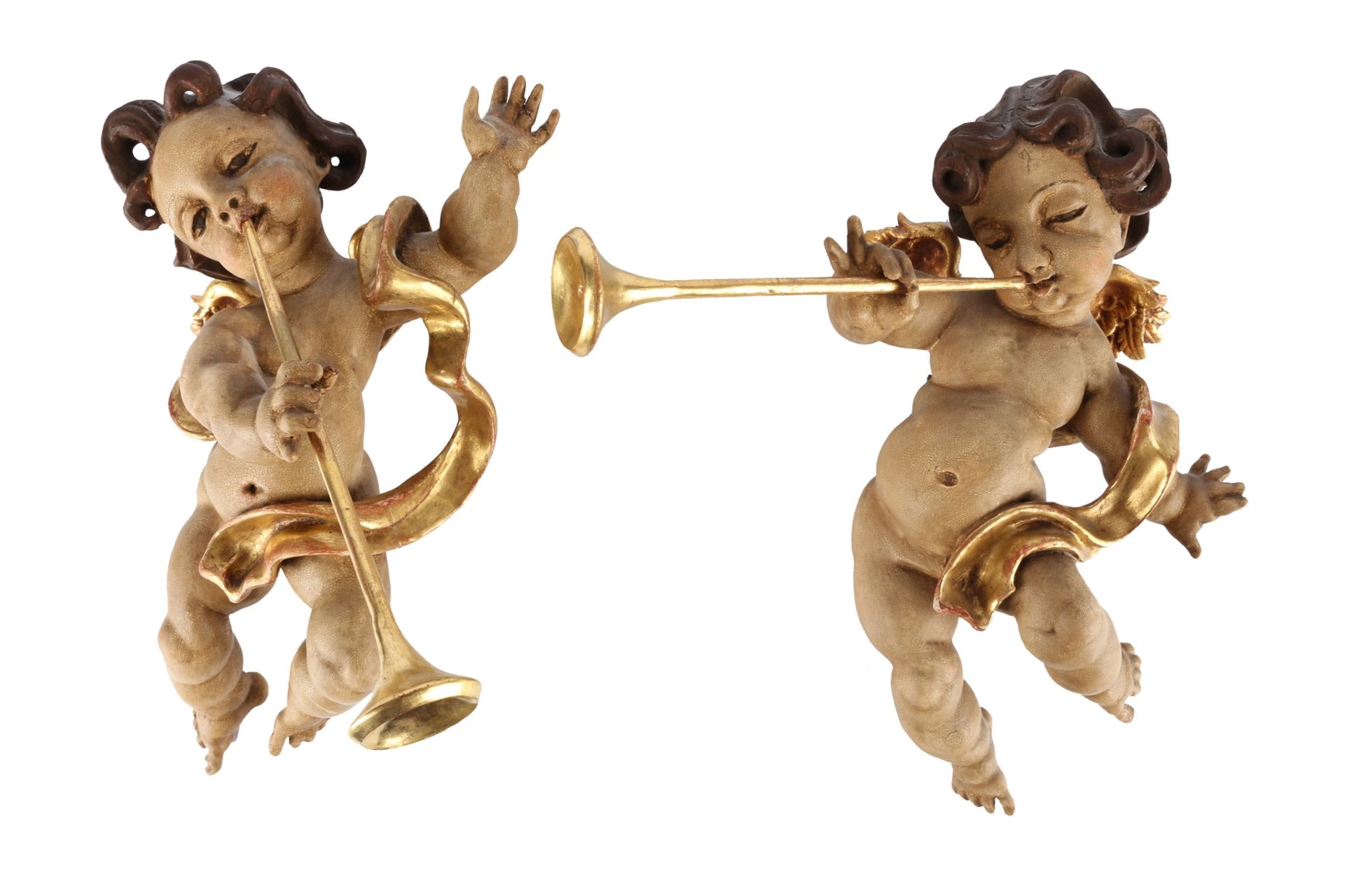 Paar Posaunen - Putten, pair of trombones putti,