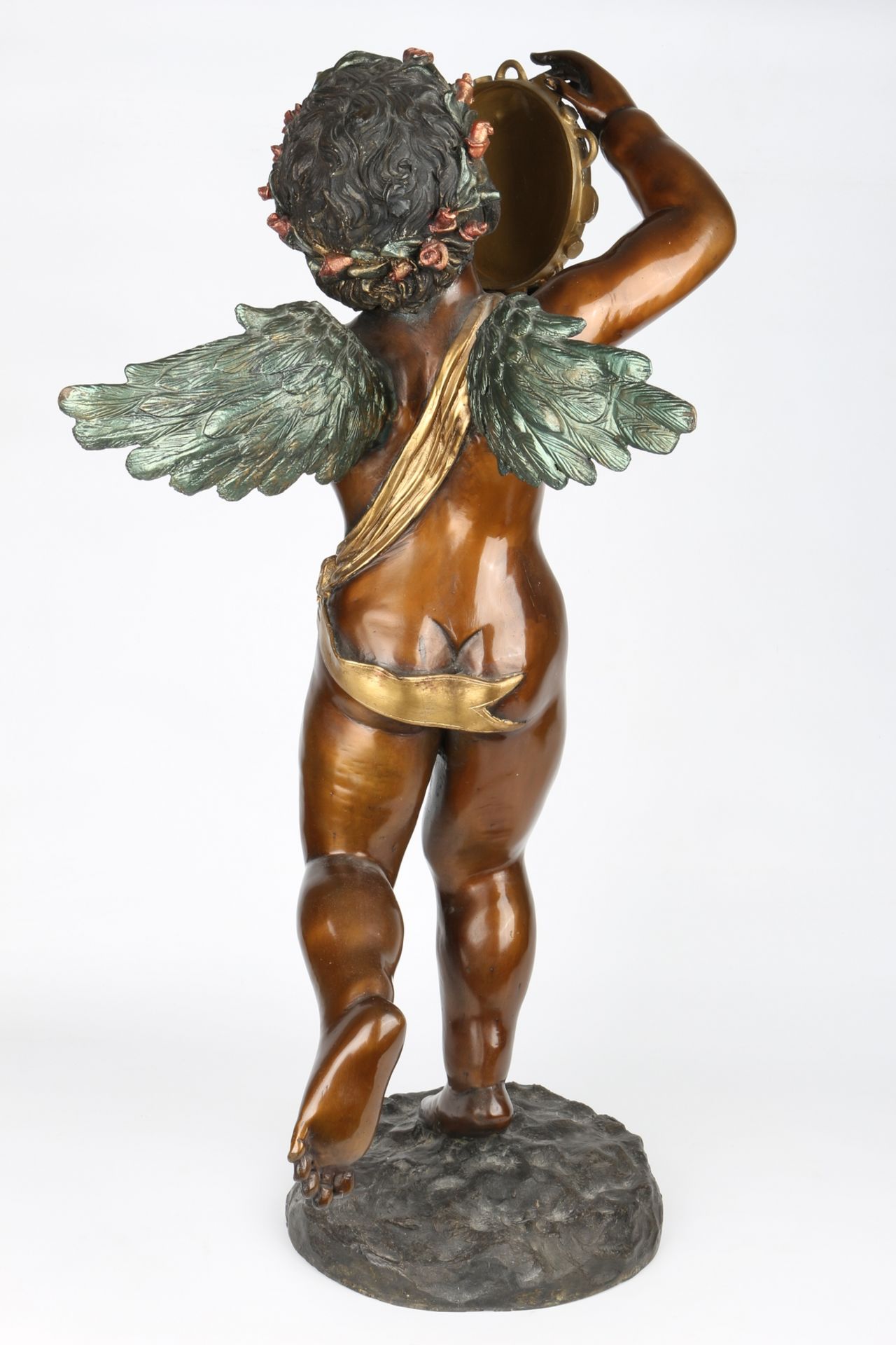 XXL Bronze - geflügelter Putto mit Tamburin, bronze putti sculpture, - Image 3 of 4