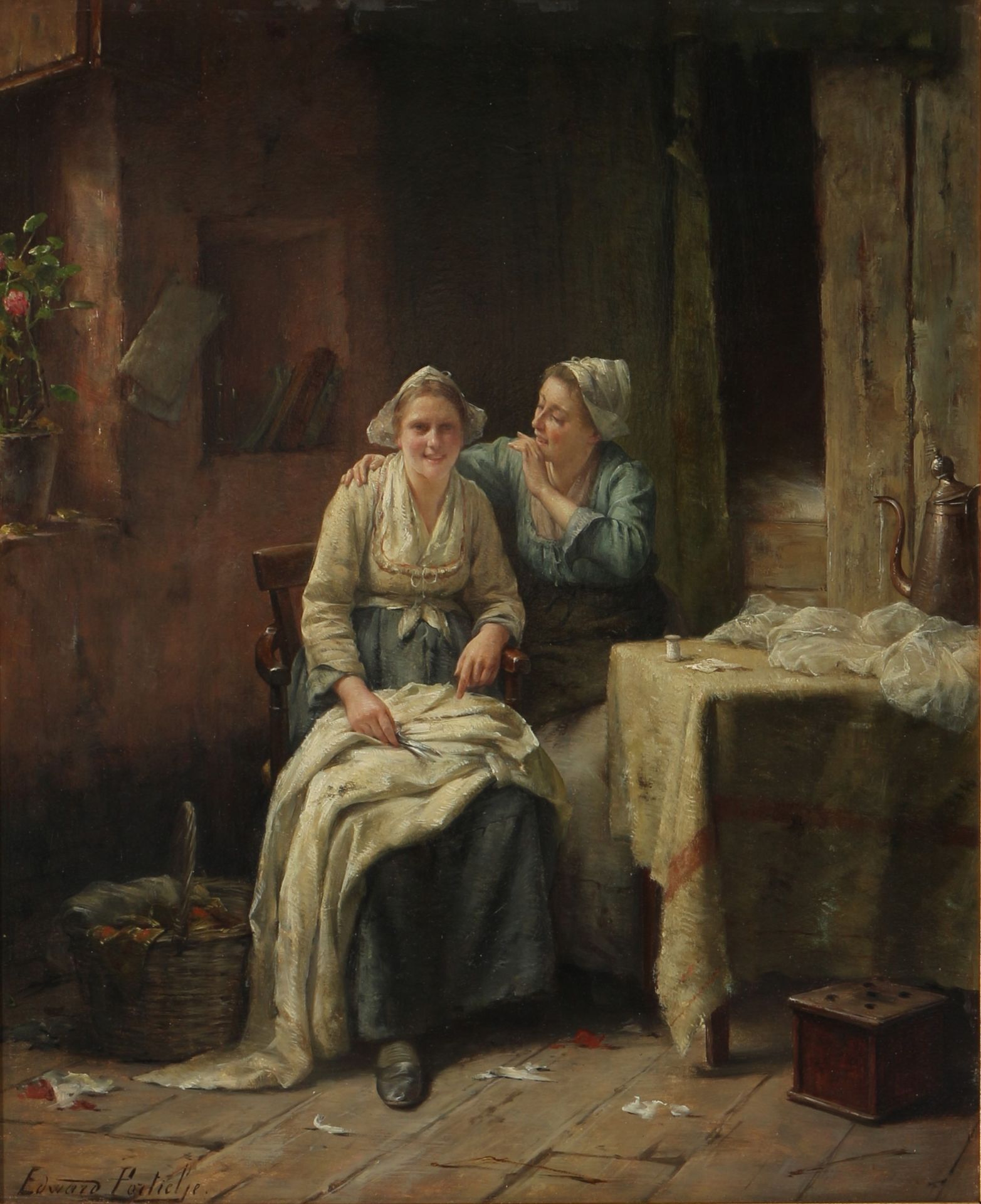 Edward Antoon Portielje (1861-1949) Interieur zwei Frauen bei Schneiderarbeit,