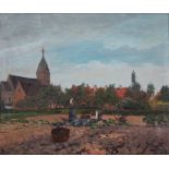 Wilhelm Hartes (1860-1926) Ernteszene mit Dorfblick, harvest with village view,