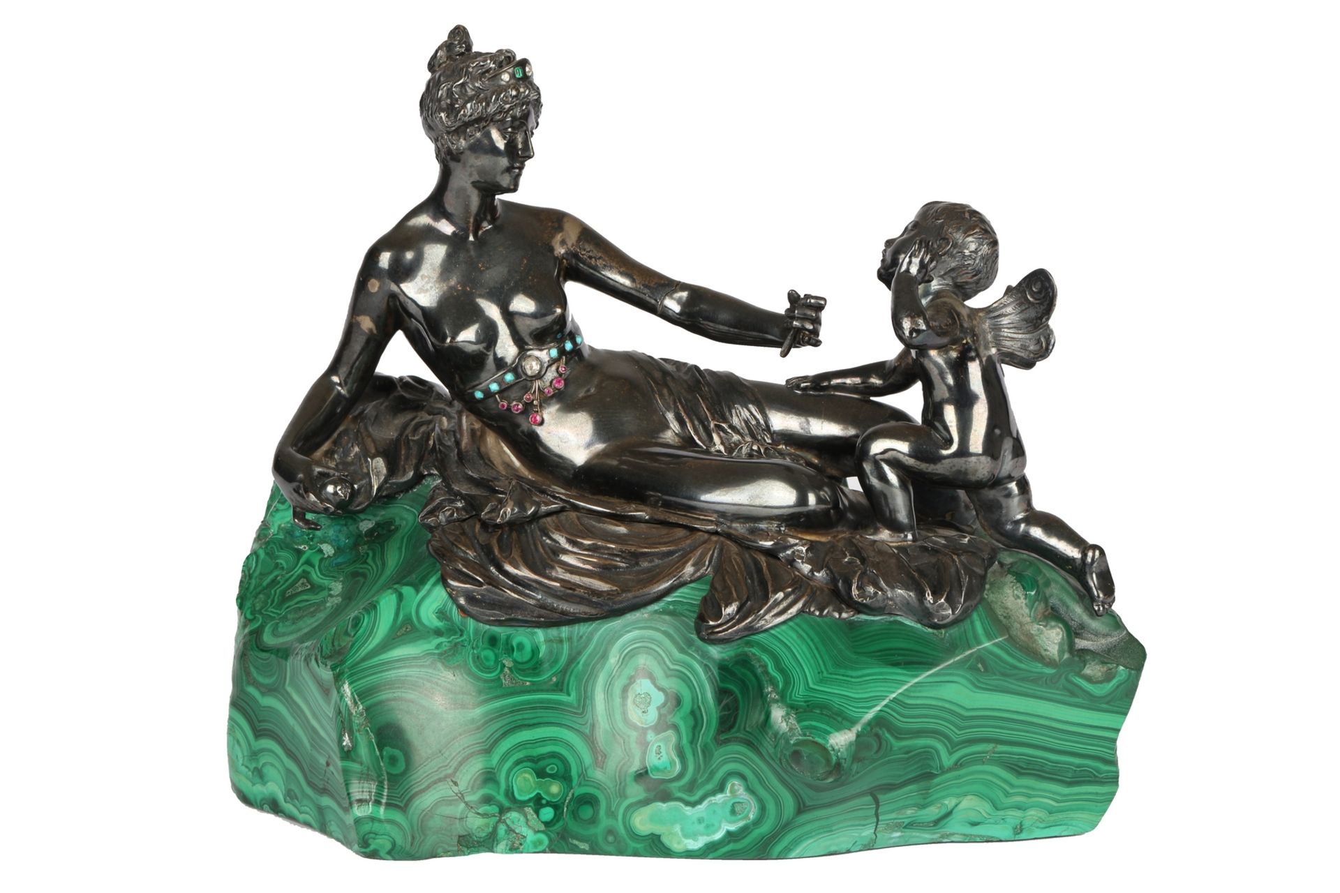 Sy & Wagner Berlin, 925 Silber Figur mit Diamanten auf Machalit - liegende Nymphe, Jugendstil um 190