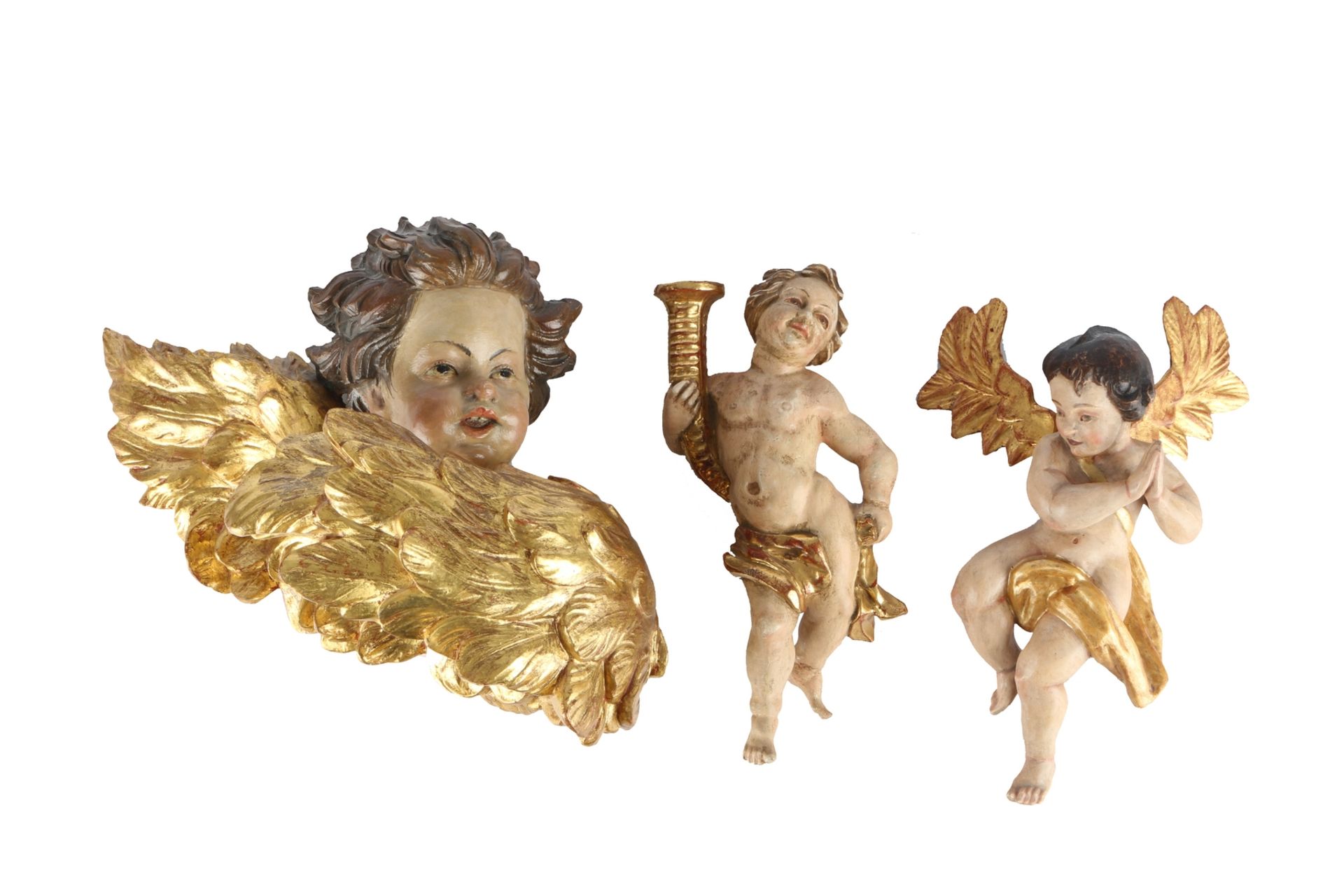 Großer Holz Cherub - Engel und 2 Putten, large wooden cherub - angels and 2 putti,