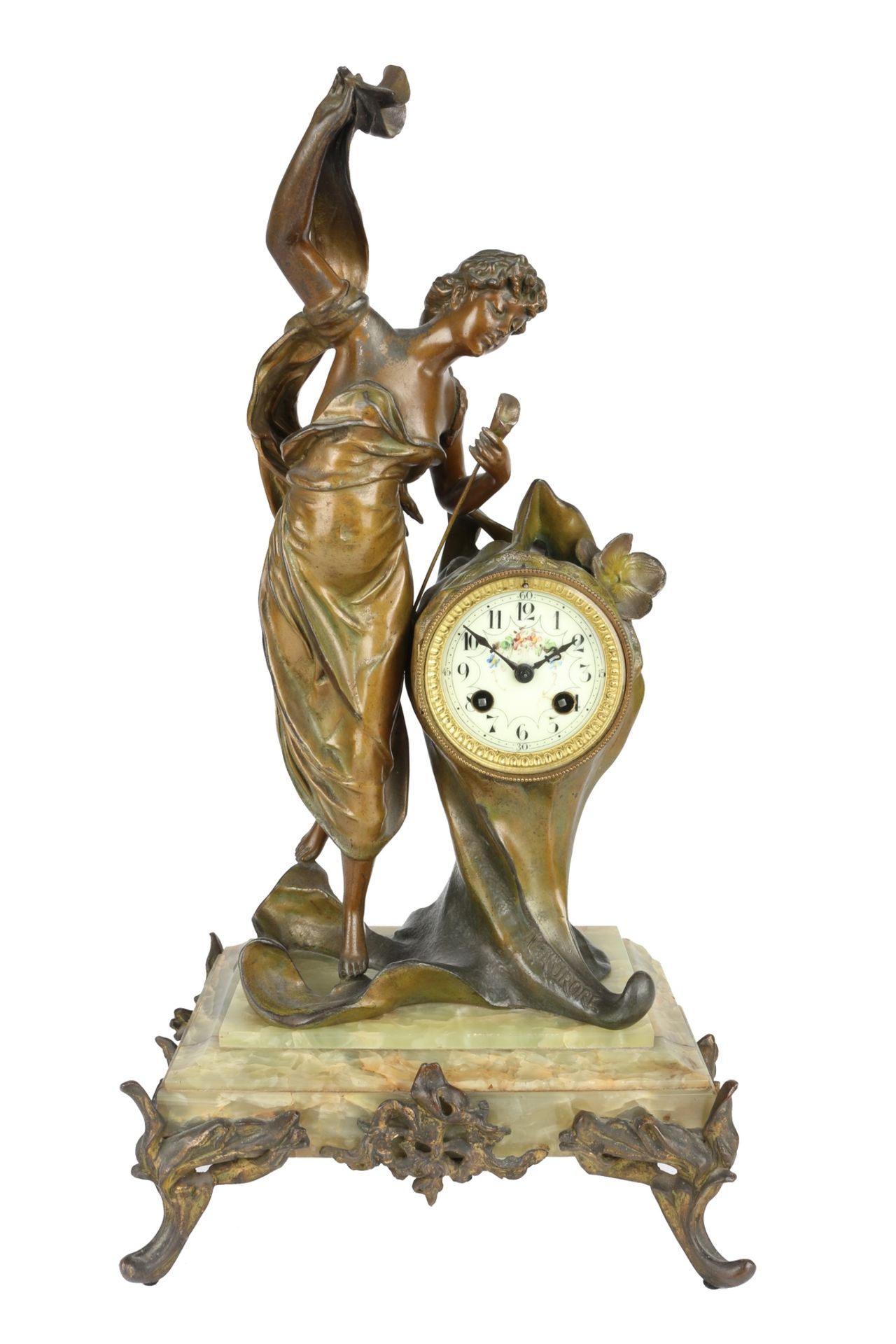 Jugendstil Figuren-Kaminuhr L'Aurore, Frankreich um 1900, art nouveau french mantel clock ca. 1900,