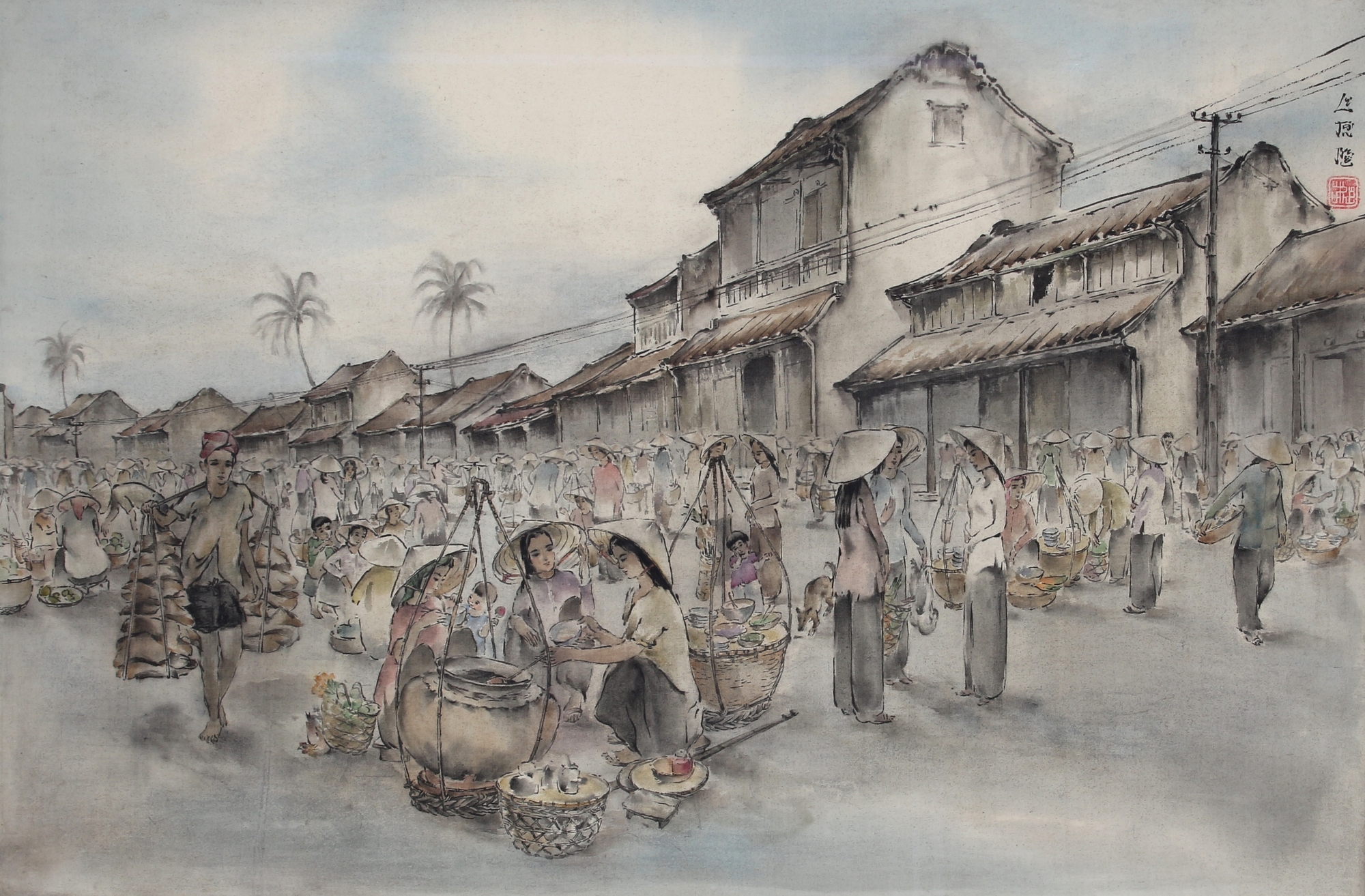 Asien - Seidenmalerei belebte Marktszene, silk painting busy market scene,