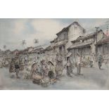 Asien - Seidenmalerei belebte Marktszene, silk painting busy market scene,