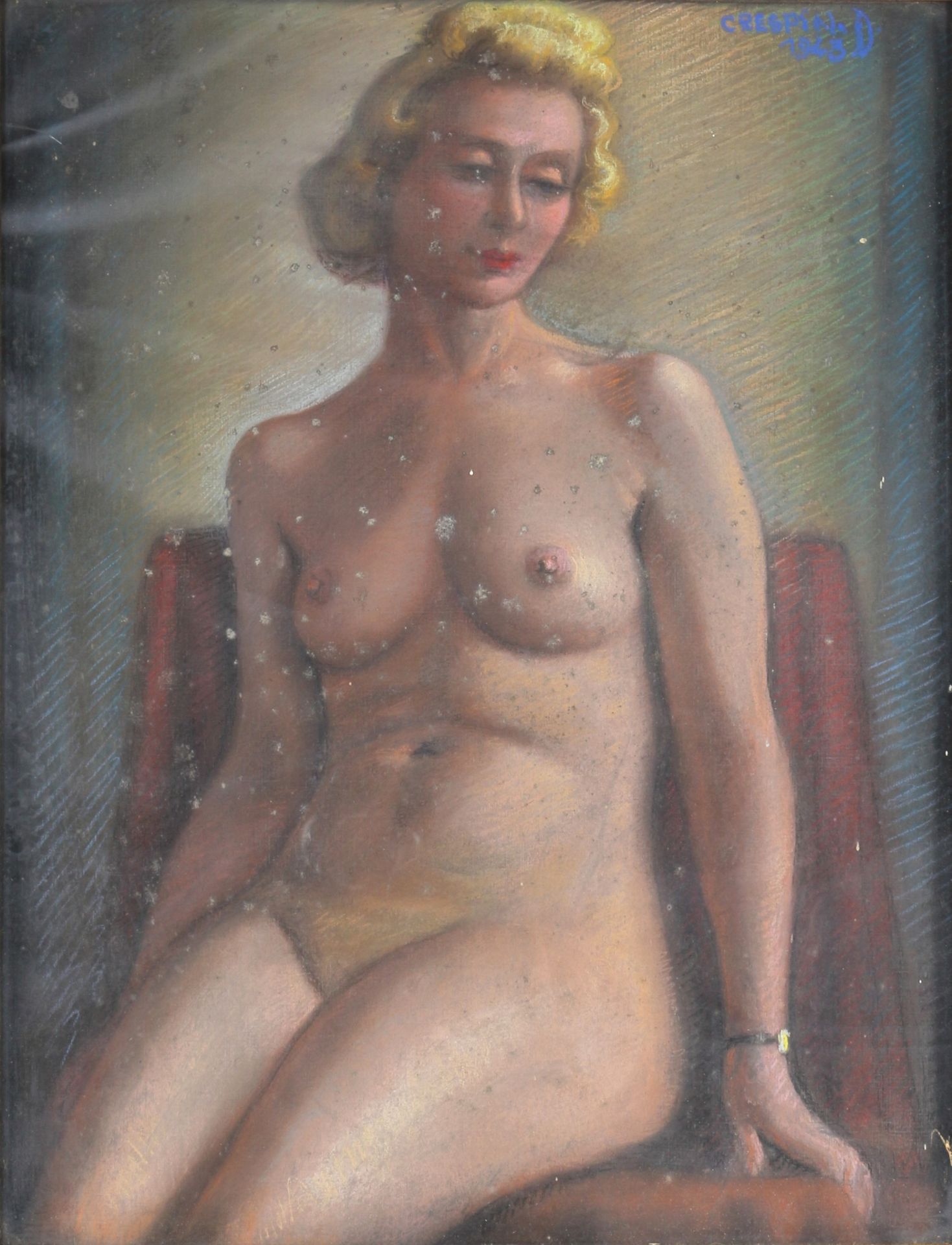 Adolphe Crespin (1859-1944) Frauenakt, blonde sitzende Dame, sitting nude act,