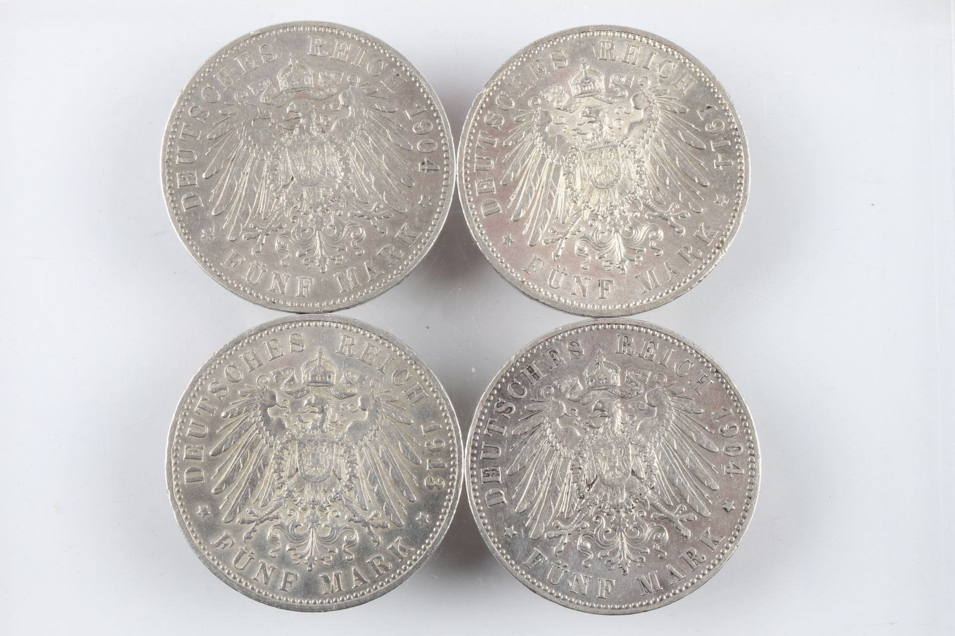 5 Mark - 4 Silbermünzen 1904-1914 Kaiserreich, silver coins, - Bild 2 aus 2