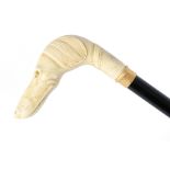 Spazierstock mit Elfenbein Hundekopfgriff um 1900, walking cane ivory around 1900,