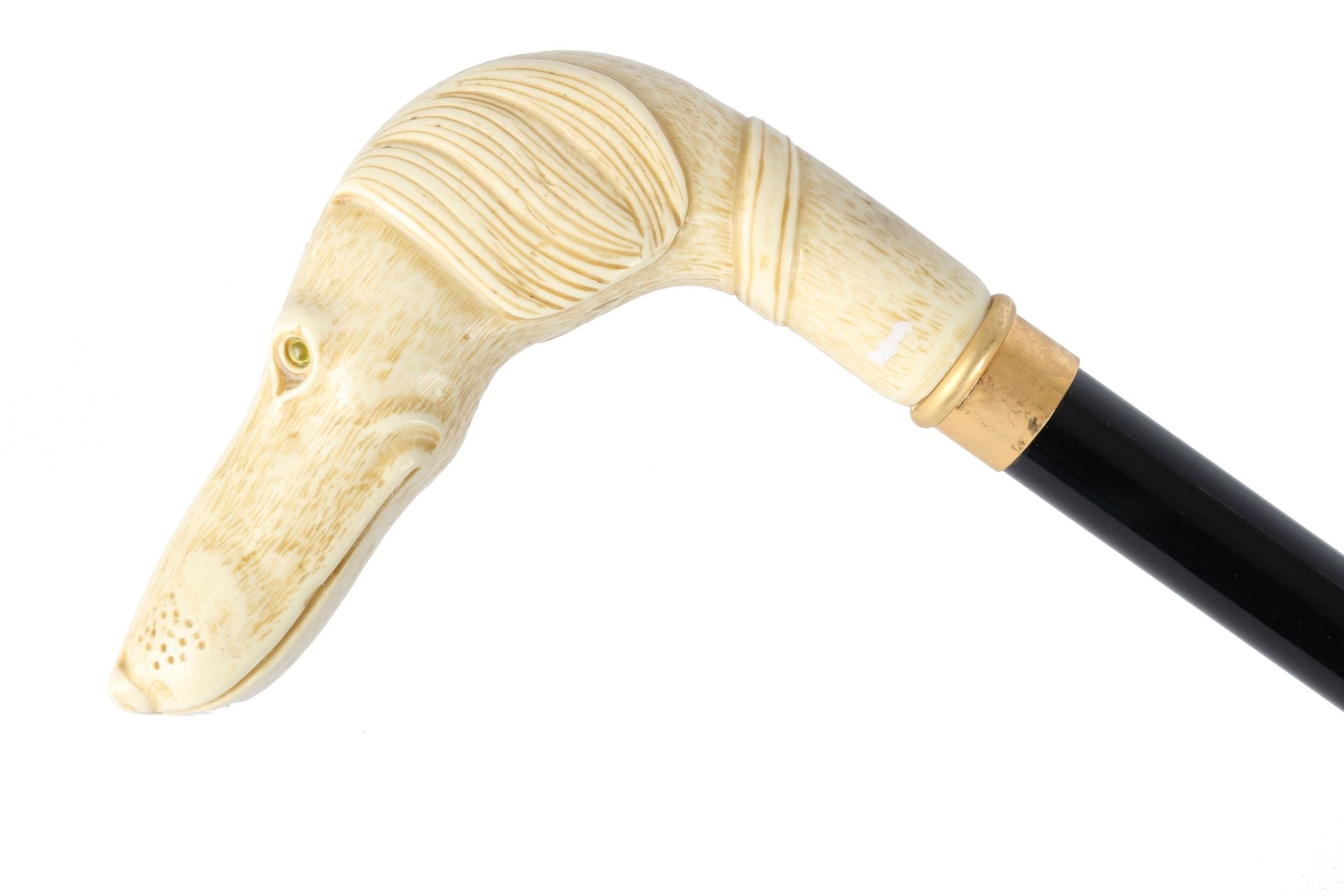 Spazierstock mit Elfenbein Hundekopfgriff um 1900, walking cane ivory around 1900,