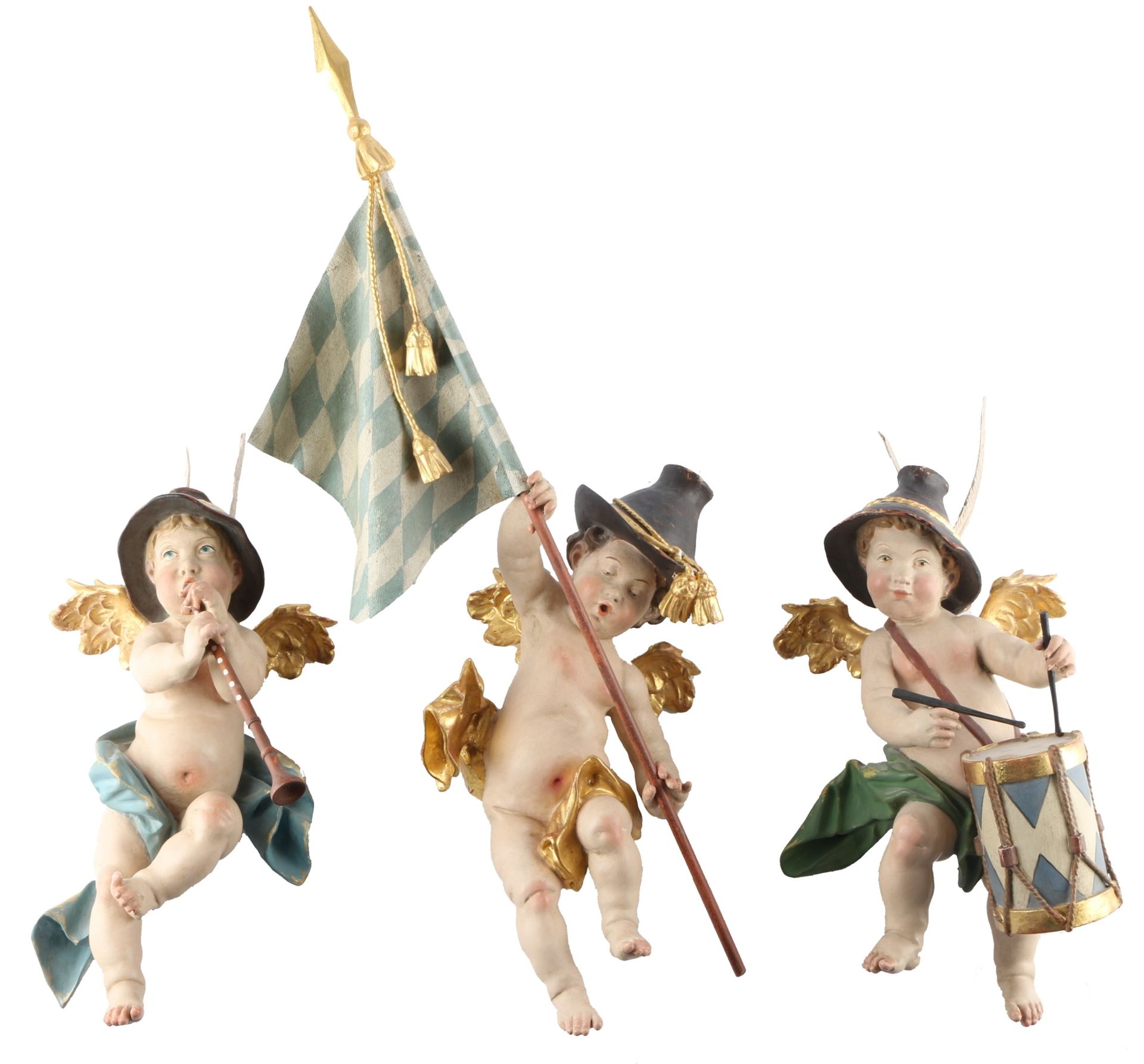 3 große Holz Putten - Engel in bayerischer Tracht, 3 large wooden putti - angels in traditional bava