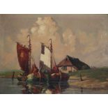 Unbekannter Maler, anliegende Plattbodenschiffe, dutch flat-bottomed boats,