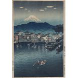 Japan Meiji-Zeit Farbholzschnitt Küstendorf mit Blick auf Fujiyama, japanese Meiji 1868-1912 woodcut