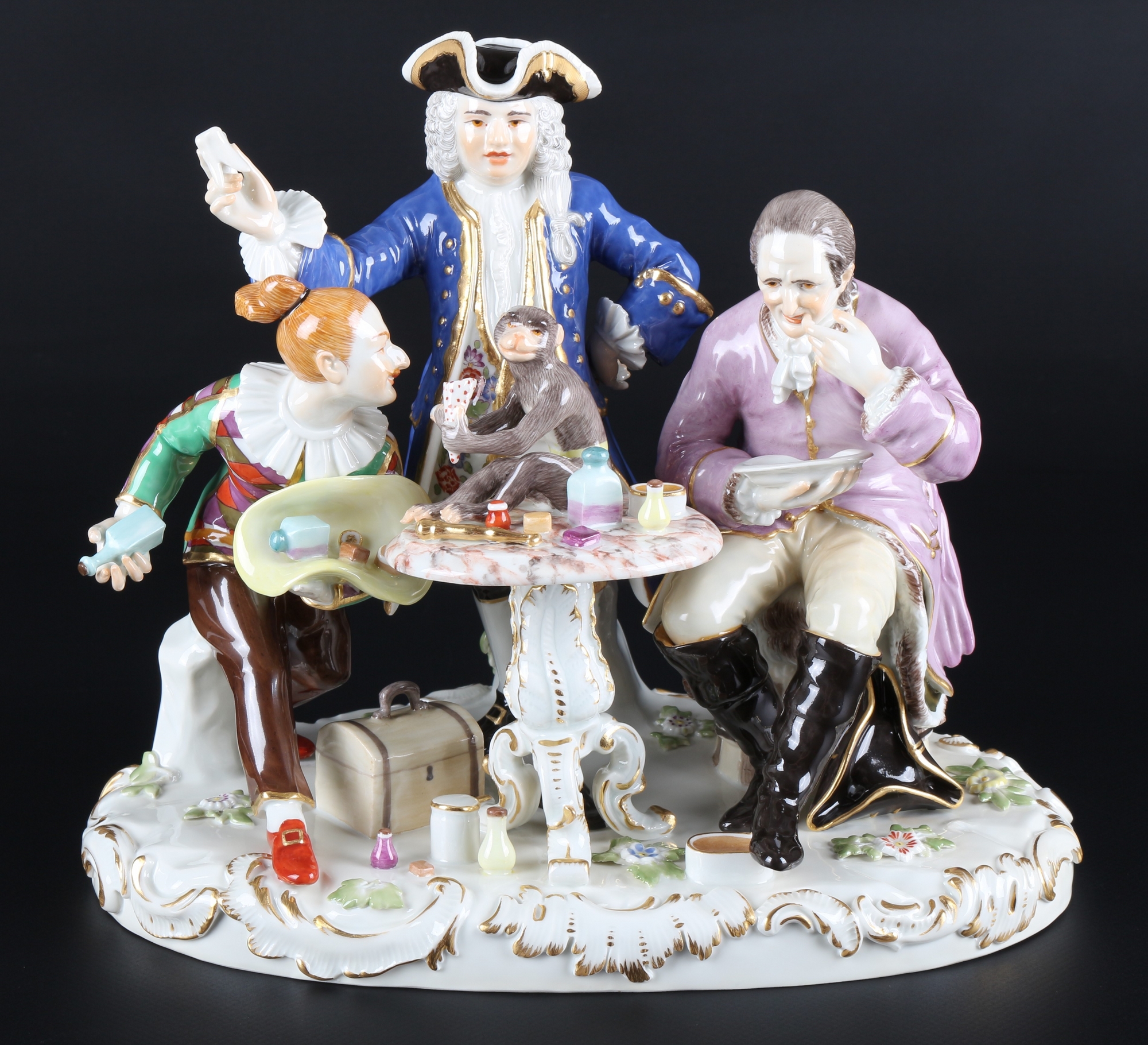 Meissen Quacksalber mit Krankem und Harlekin, dentist figure group,