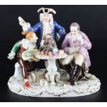 Meissen Quacksalber mit Krankem und Harlekin, dentist figure group,