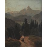 F.W. Dolle Bäuerin in Berglandschaft 1880, old master mountainscape,
