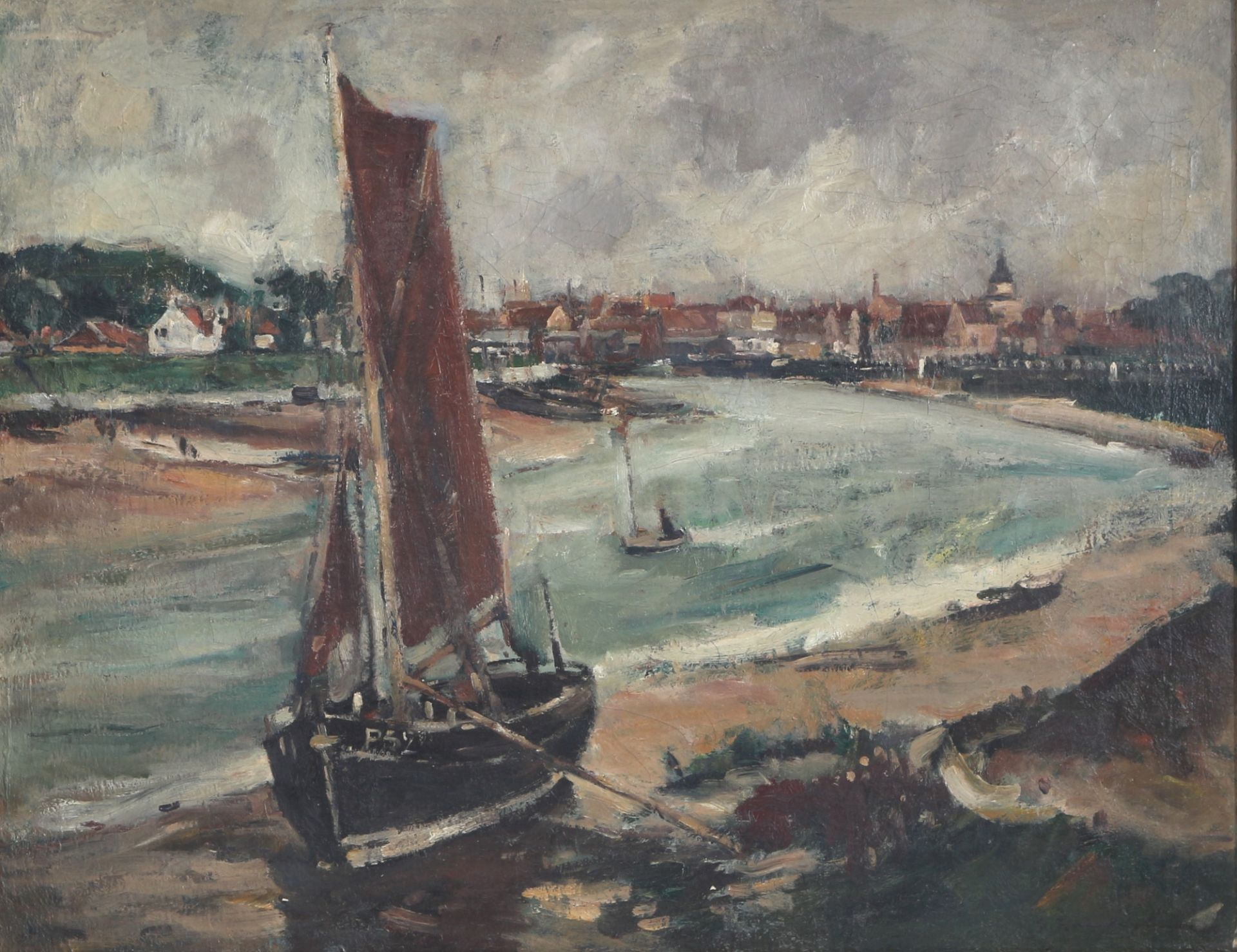 Georg Hambüchen (1901-1971) Flusslandschaft mit Segelboot, riverscape with fisherboat,