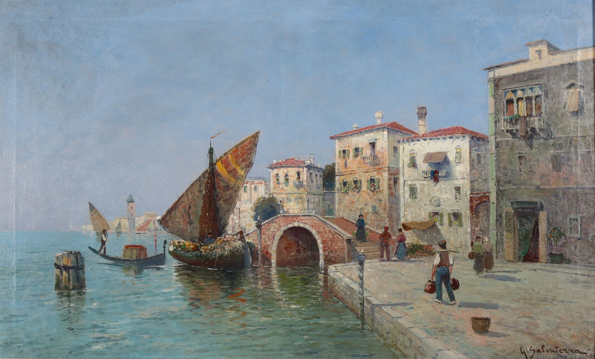 Giuseppe Salvaterra (XIX-XX) italienische Anlegestelle mit Kaufmannsboot, italian scenery,