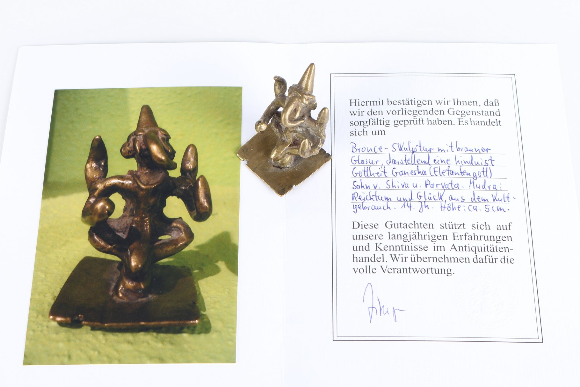 Bronze Ganesha 14. Jahrhundert mit Zertifikat, bronze sculpture 14th century, certificated, - Image 2 of 6