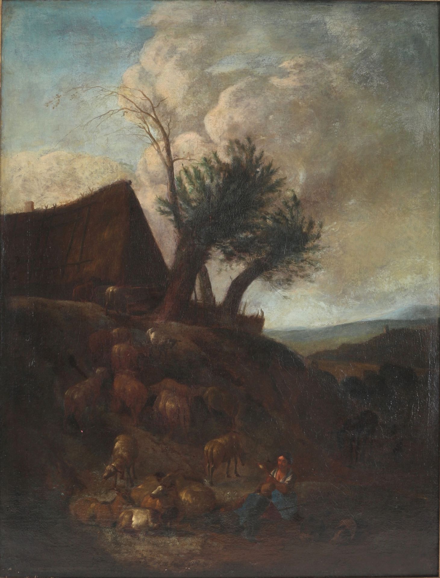 Altmeister des 18. Jahrhundert, Bauernpaar am Felsen mit Vieh,