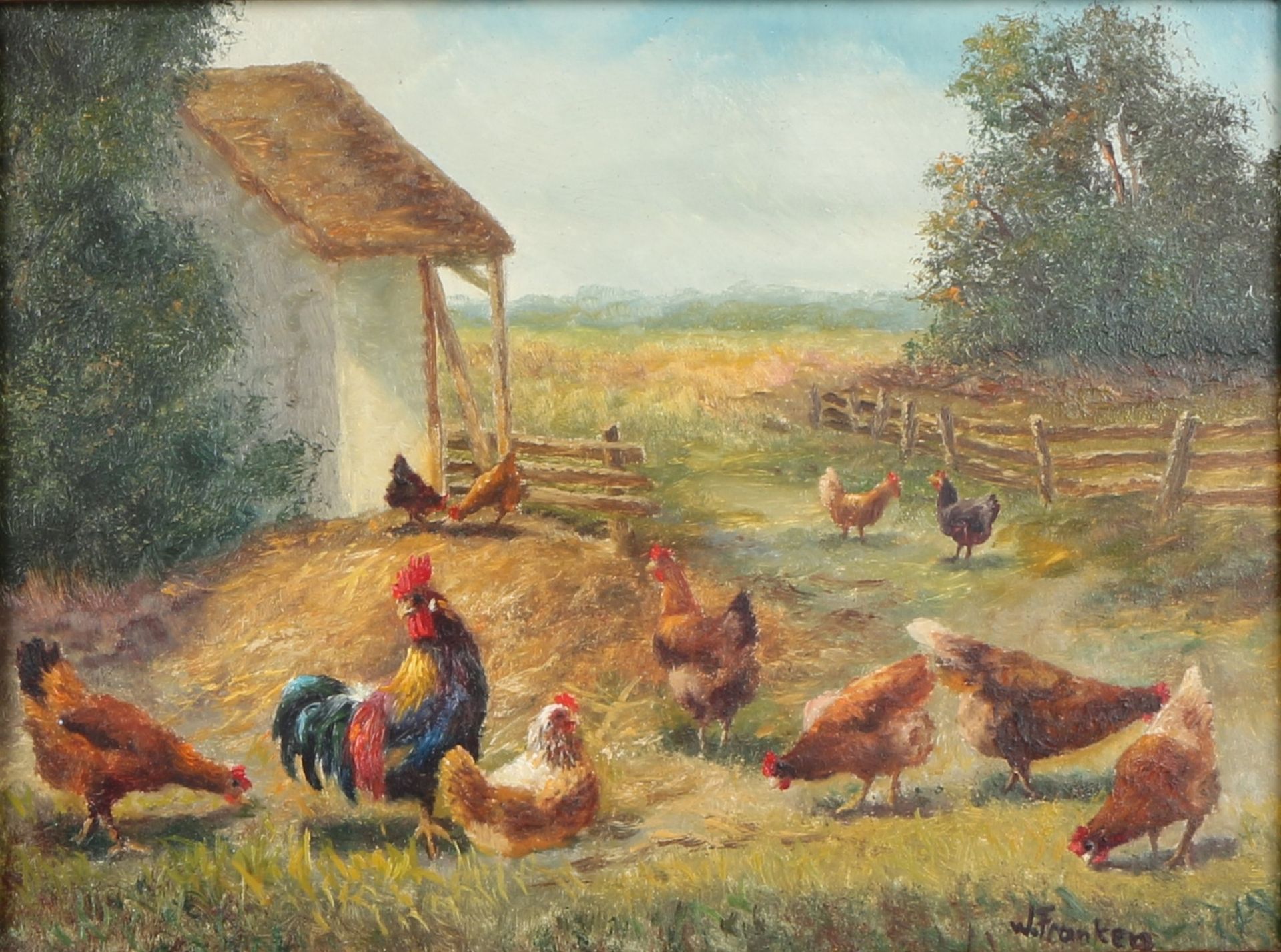 Willi Franken (1882-1960) Gockel mit Hühnerschar, cock and chickens,