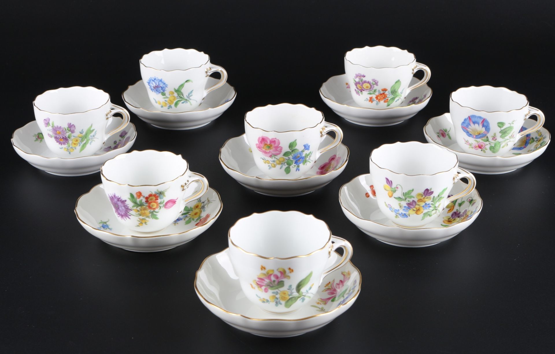 Meissen Blumenmalerei 8 Mokkatassen, mocha coffee cups,