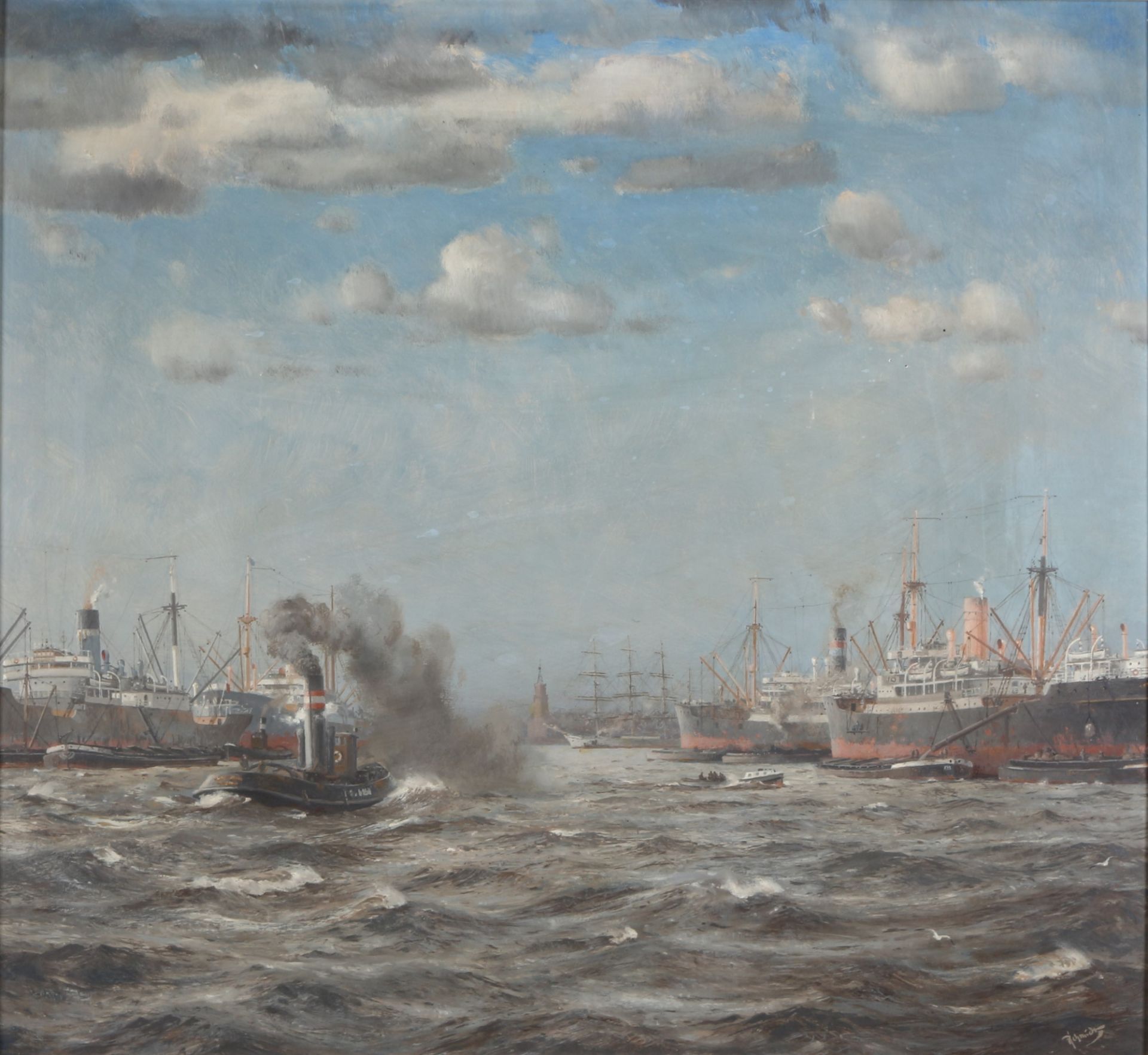 Marinemaler R. Schmidt - Hafenszene, harbor scene,