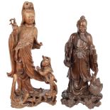 China 2 Holzfiguren - Guanyin und Gelehrter, chinese wooden figures,