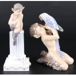 Royal Copenhagen 2 Figuren - Faun mit Papagei und Faun auf Säule, porcelain faun figures,