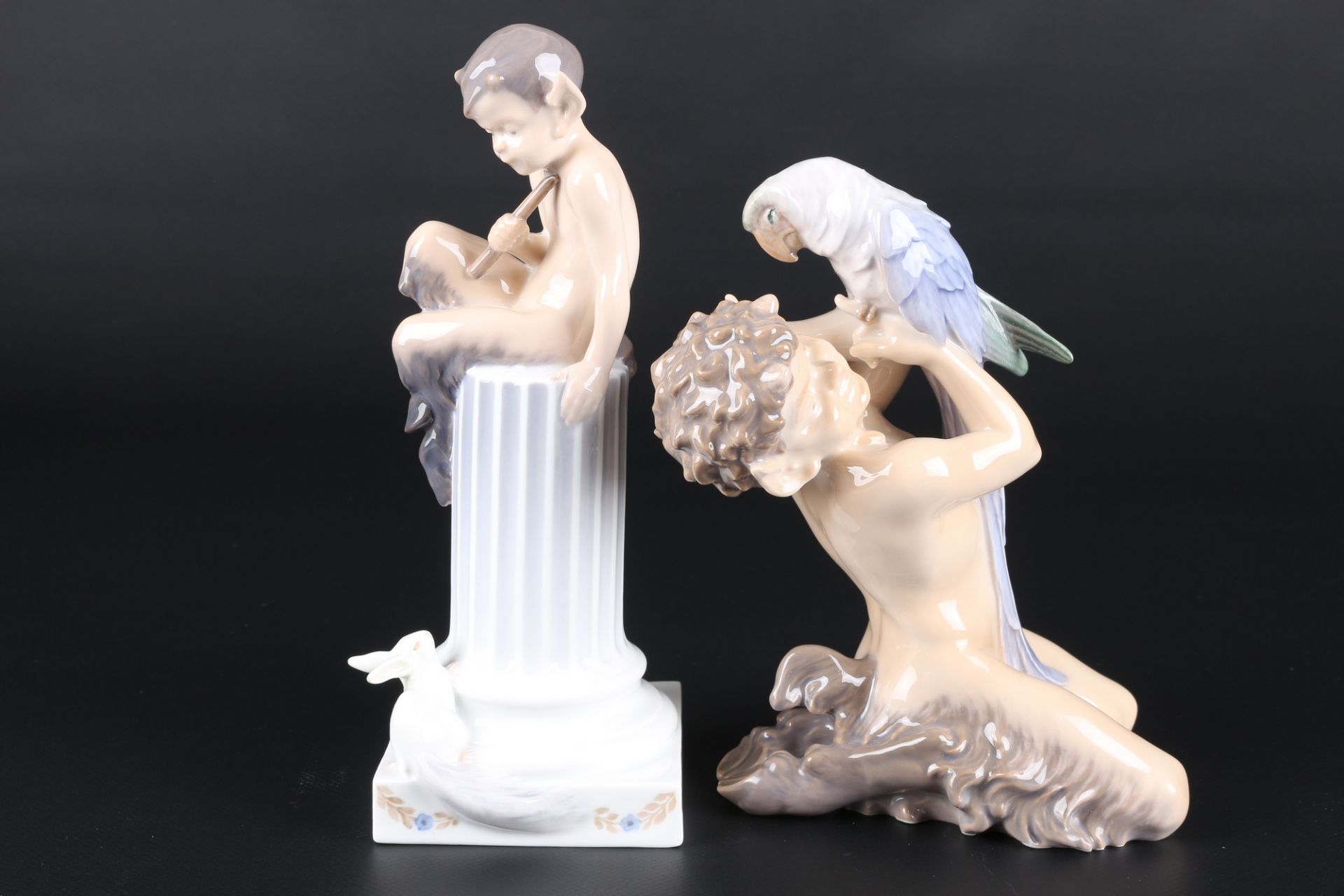 Royal Copenhagen 2 Figuren - Faun mit Papagei und Faun auf Säule, porcelain faun figures, - Image 2 of 5